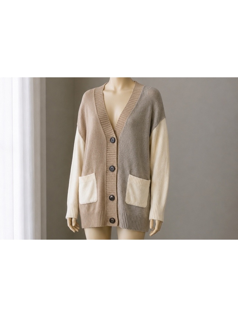 BKE Women’s Colorblock Button Front Cardigan Sweater Beige Gray Cream Size L